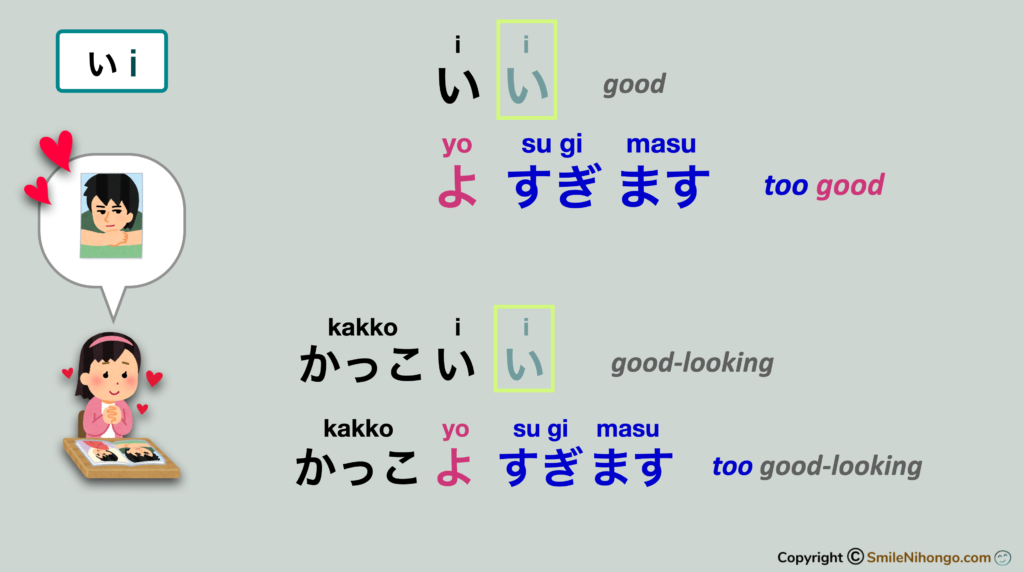 japanese すぎる (sugiru) with "good" いい as an exception